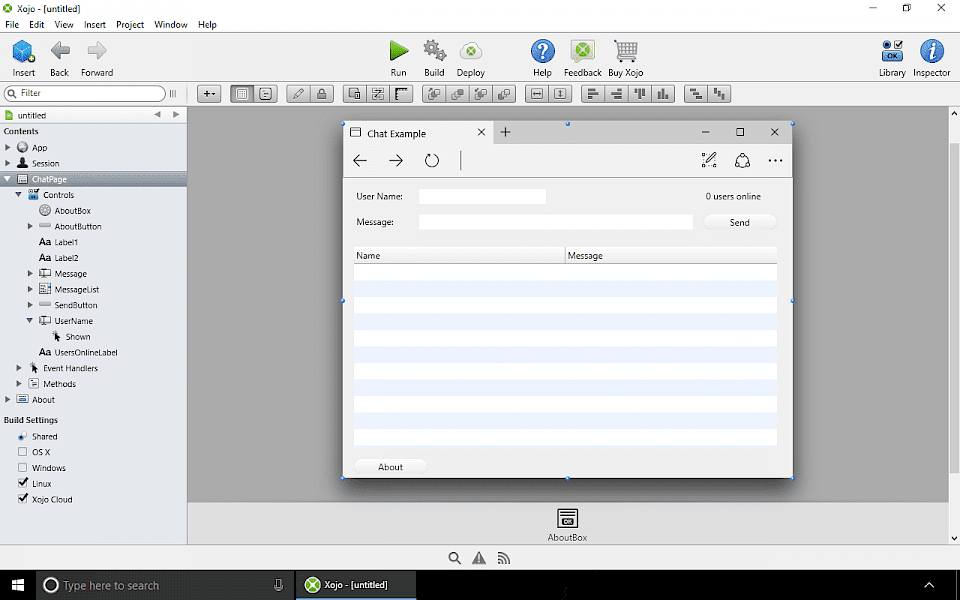 Screenshot of Xojo software running on Windows 10.