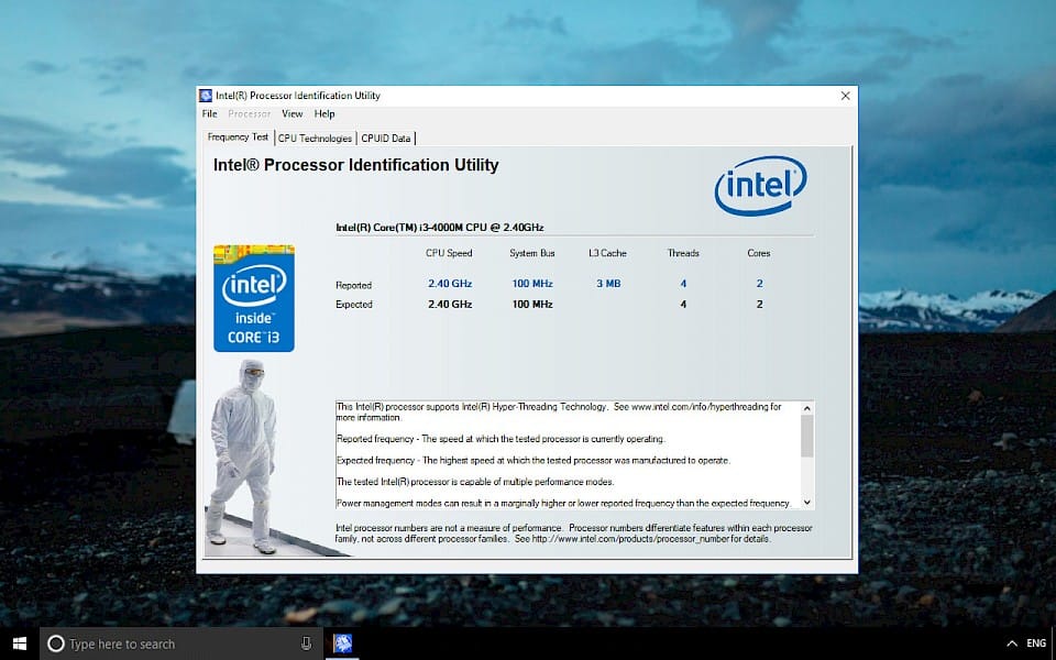 Screenshot of Intel Processor Identification Utility software running on Windows 10.