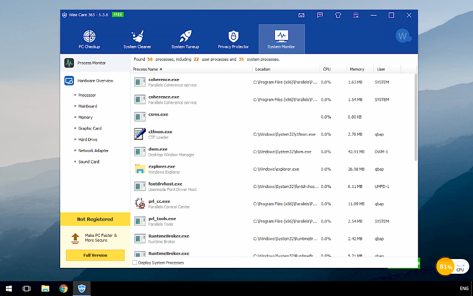 System Monitor in Wise Care 365 on Windows 10