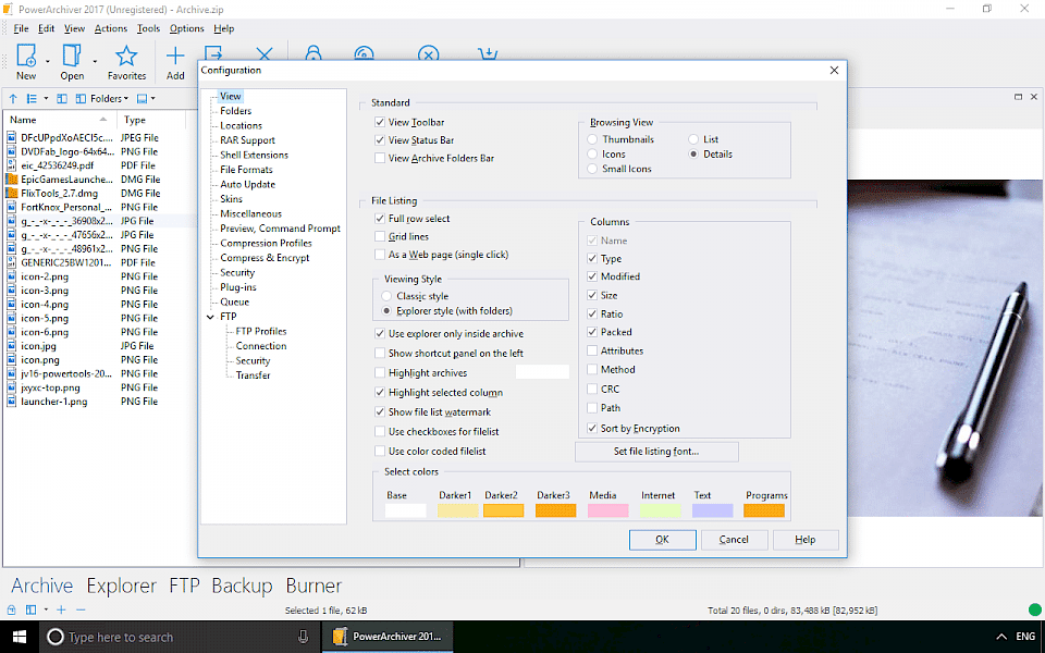 Screenshot of PowerArchiver software running on Windows 10.