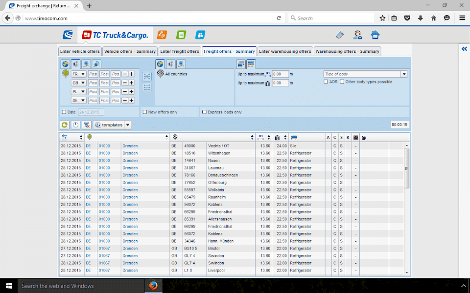Screenshot of TimoCom software running on Windows 10.