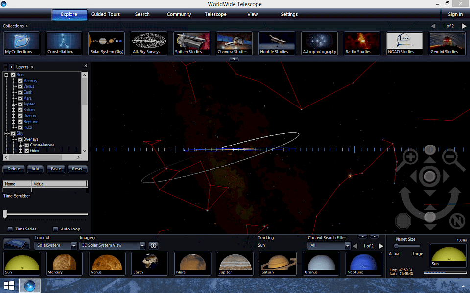 Screenshot of WorldWide Telescope software running on Windows 10.