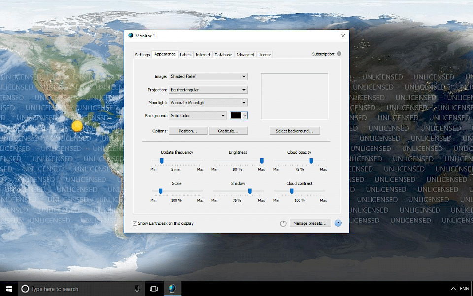 Screenshot of EarthDesk software running on Windows 10.