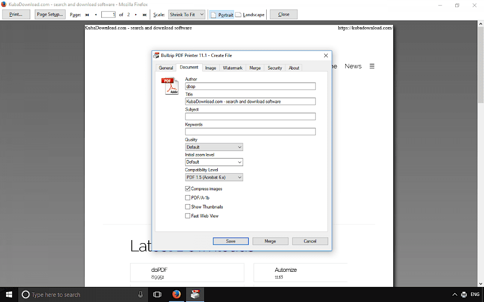 Screenshot of Bullzip PDF Printer software running on Windows 10.
