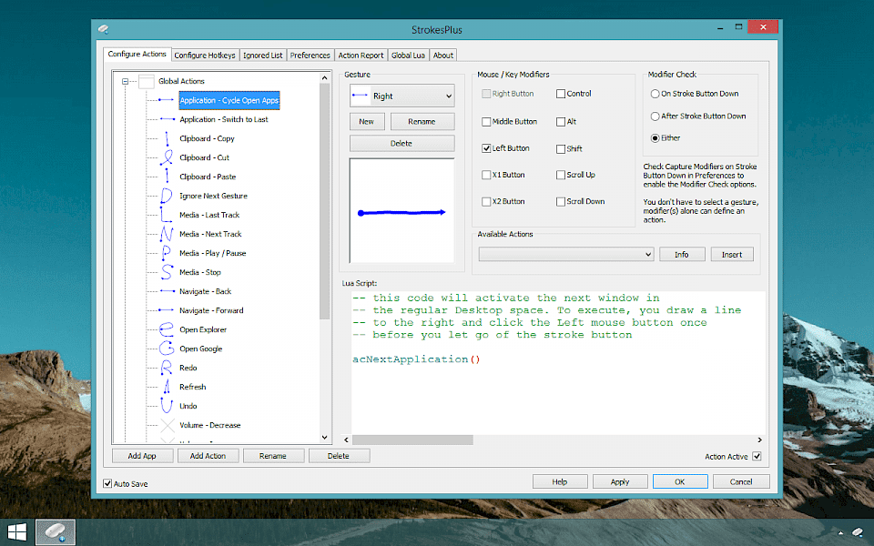 Screenshot of StrokesPlus software running on Windows 10.
