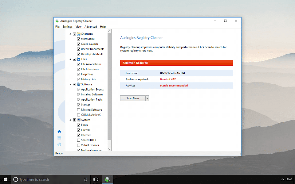 Screenshot of Auslogics Registry Cleaner software running on Windows 10.
