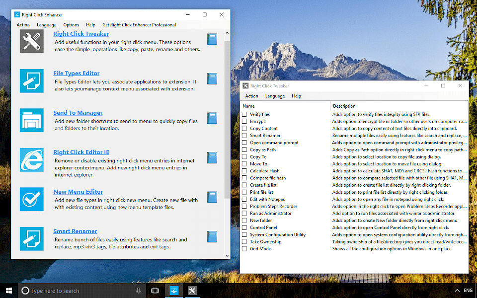 Screenshot of Right Click Enhancer software running on Windows 10.