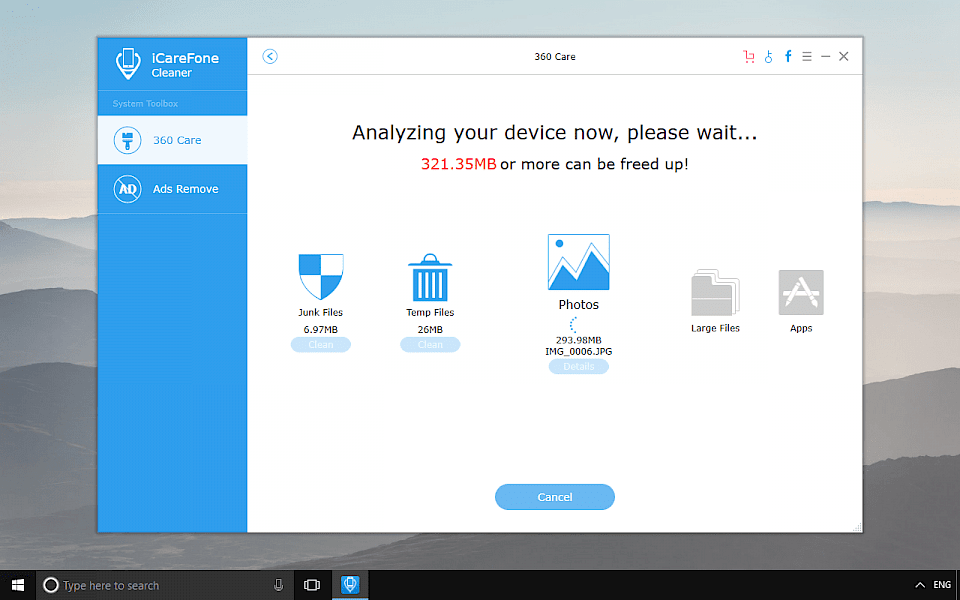 Screenshot of iCareFone Cleaner software running on Windows 10.