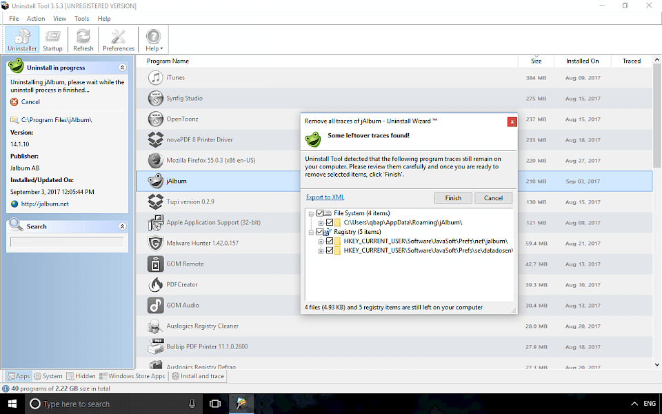 Screenshot of Uninstall Tool software running on Windows 10.