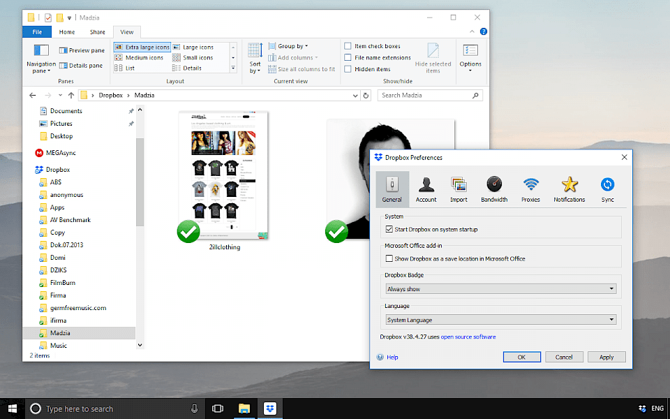 Screenshot of Dropbox software running on Windows 10.