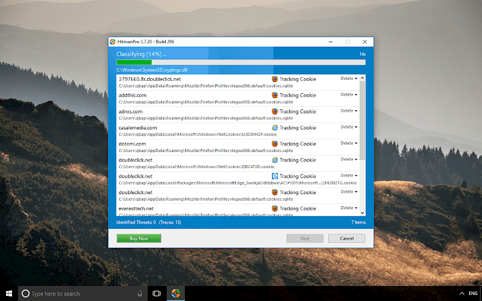Screenshot of HitmanPro software running on Windows 10.