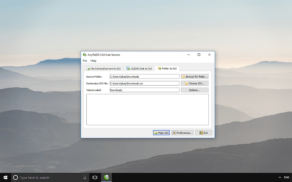 Screenshot of AnyToISO Lite software running on Windows 10.