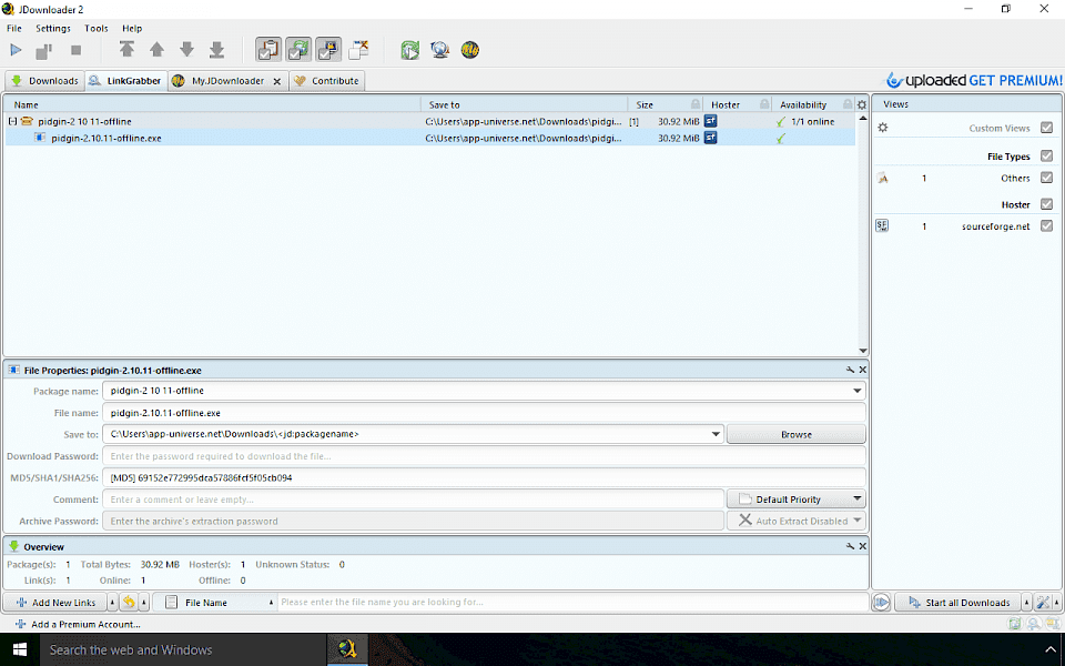 Screenshot of JDownloader 2 software running on Windows 10.