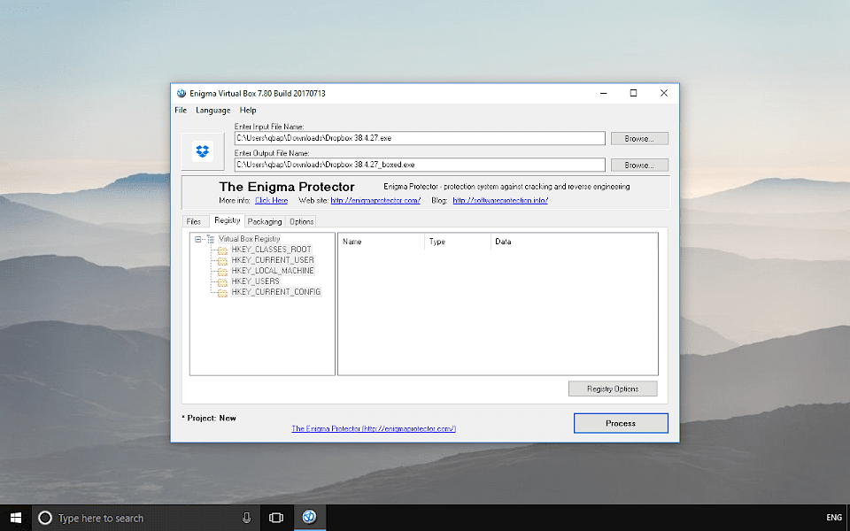 Screenshot of Enigma Virtual Box software running on Windows 10.