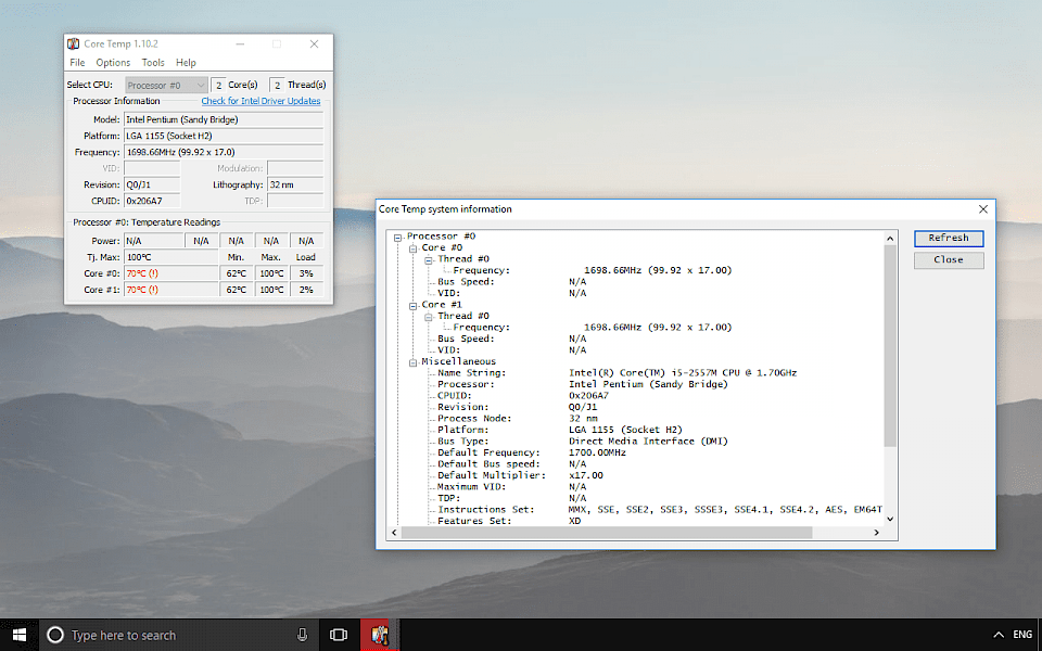 Screenshot of Core Temp software running on Windows 10.