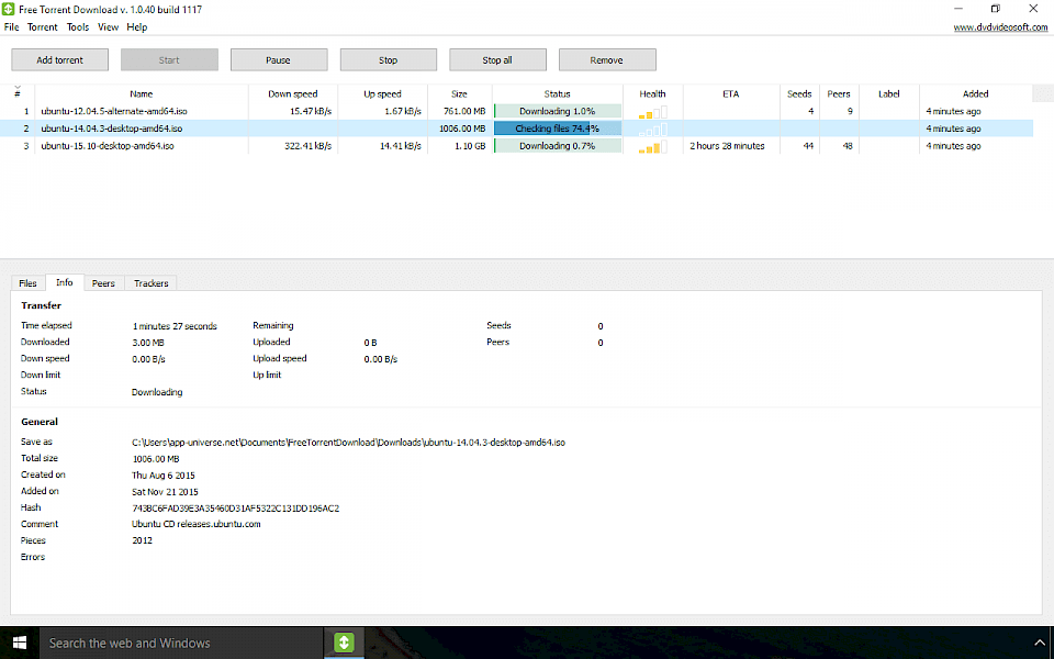 Screenshot of Free Torrent Download software running on Windows 10.