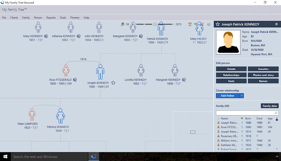 Screenshot of My Family Tree software running on Windows 10.