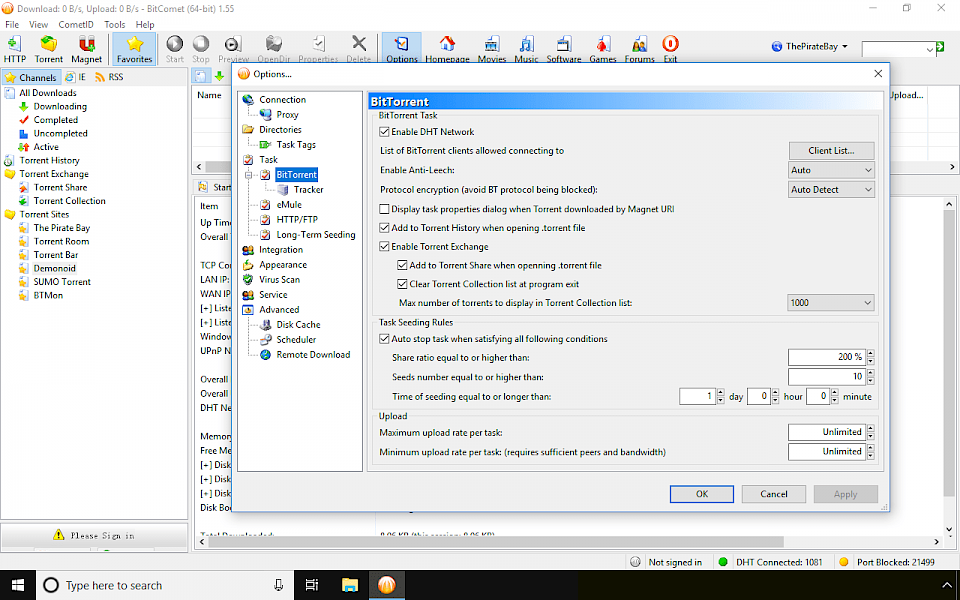 BitTorrent Settings window in BitComet Client