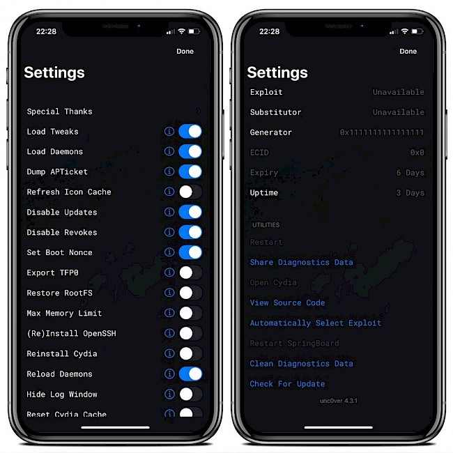 Unc0ver settings on iOS 13