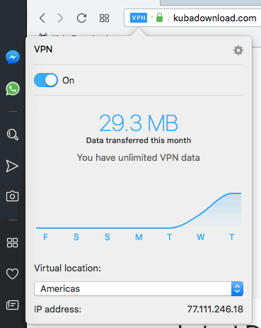 Opera VPN. Virtual location Americas.
