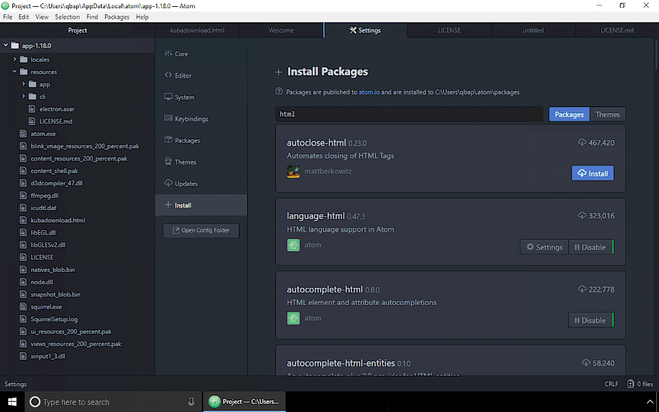 Screenshot of Atom software running on Windows 10.