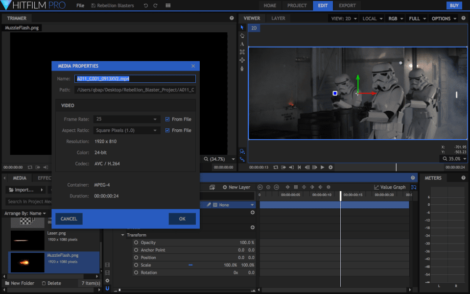 Screenshot of HitFilm Pro software running on Windows 10.