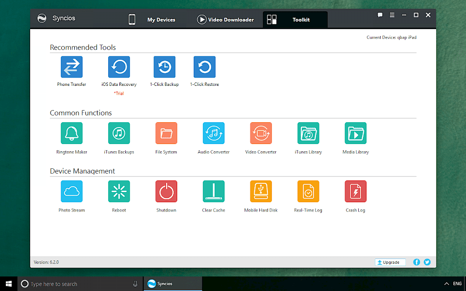 Screenshot of Syncios software running on Windows 10.