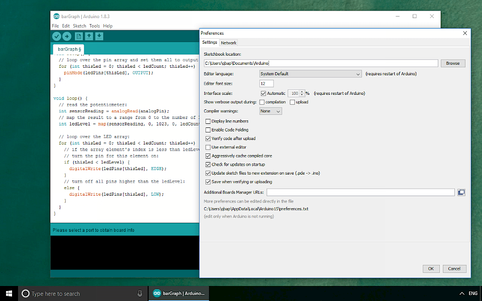 Arduino IDE software running on Windows 10.