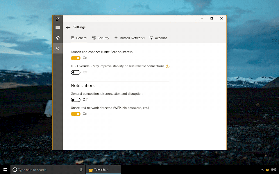 Screenshot of TunnelBear software running on Windows 10.