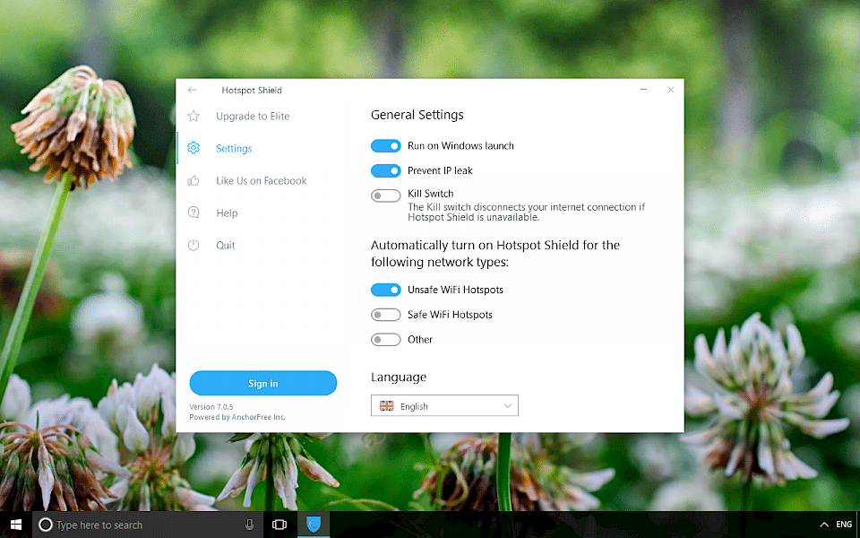 Screenshot of Hotspot Shield software running on Windows 10.