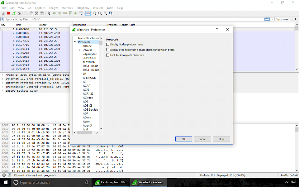 Screenshot of Wireshark software running on Windows 10.