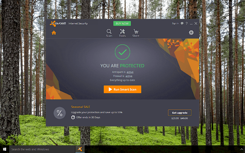 Screenshot of Avast Internet Security software running on Windows 10.