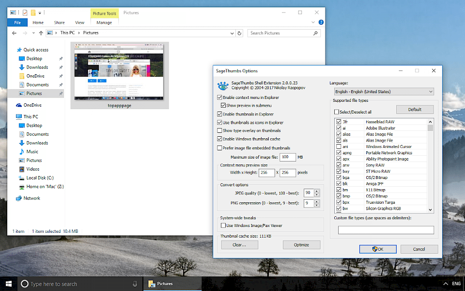 Screenshot of SageThumbs software running on Windows 10.