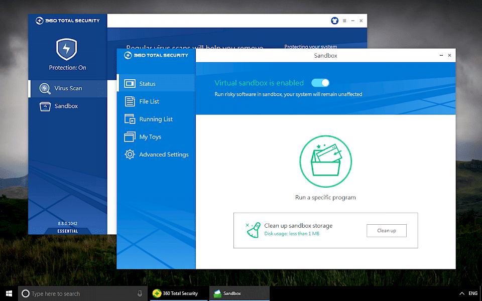 Screenshot of 360 Total Security Essential software running on Windows 10.