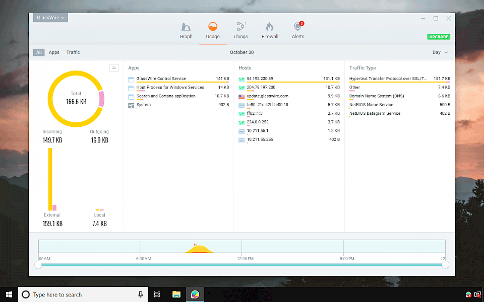 GlassWire usage module screenshot running on Windows 10