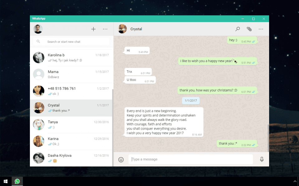 Screenshot of WhatsApp software running on Windows 10.