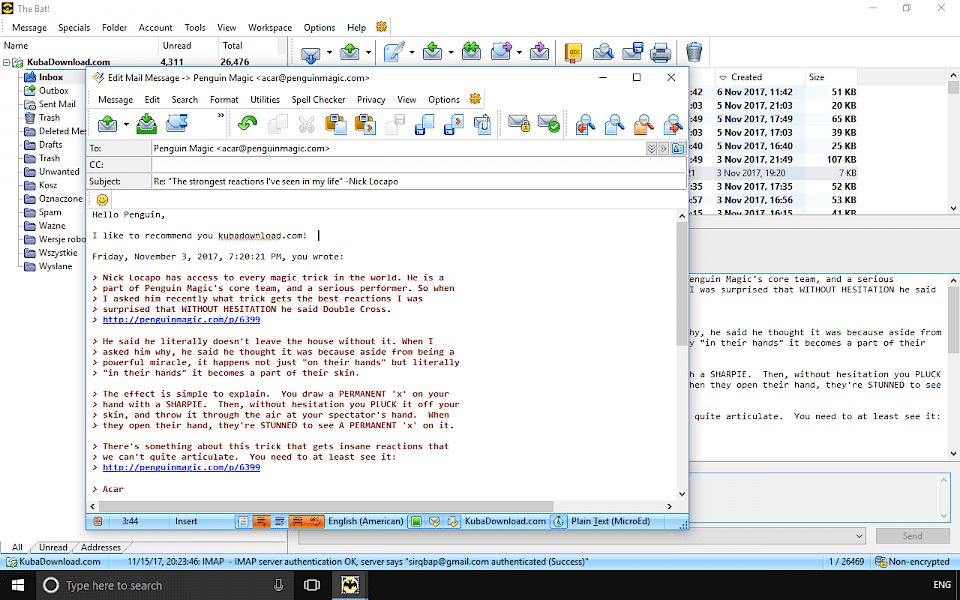 Screenshot of The Bat! software running on Windows 10.
