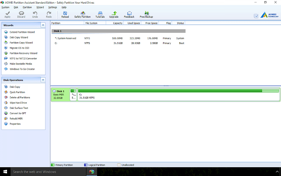 Screenshot of AOMEI Partition Assistant software running on Windows 10.