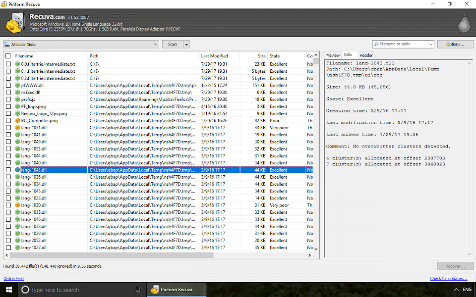 Screenshot of Recuva software running on Windows 10.