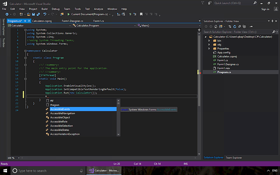 Screenshot of Visual Studio Professional software running on Windows 10.