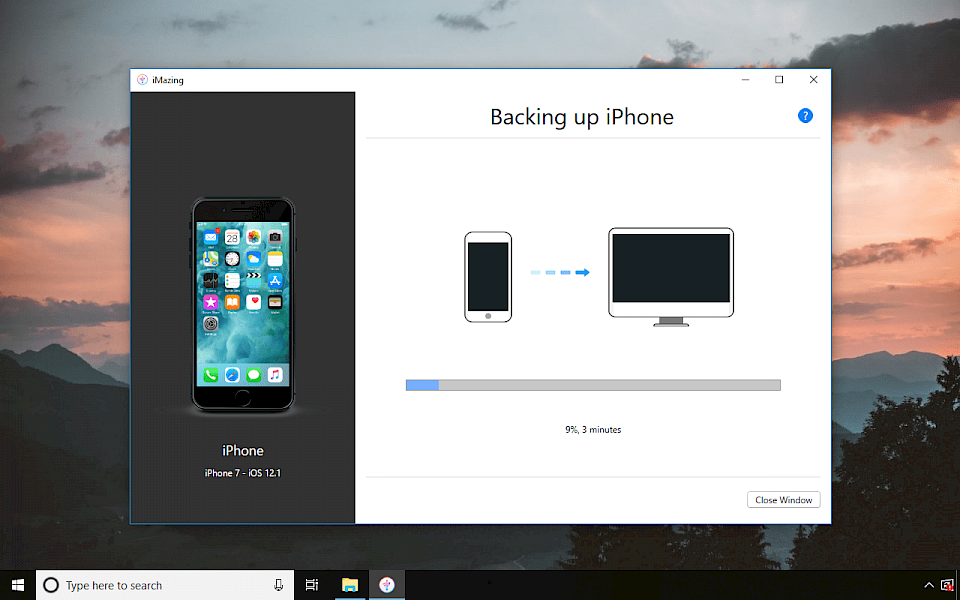 Backing up iPhone in iMazing software on Windows 10