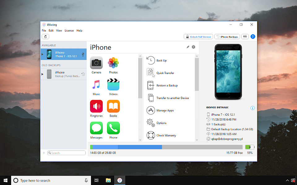 Screenshot of iMazing software running on Windows 10.