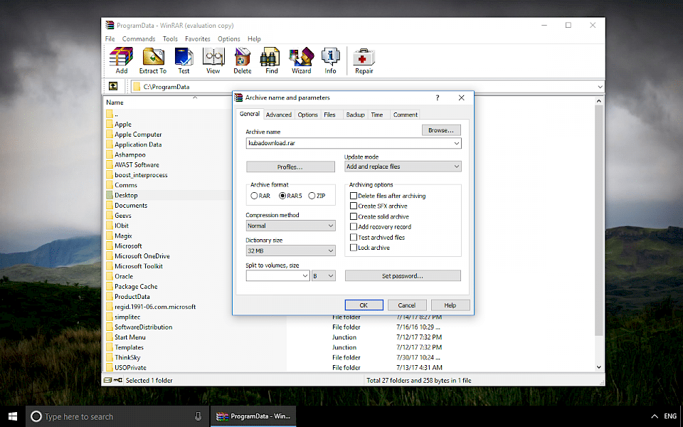 Screenshot of WinRAR software running on Windows 10.