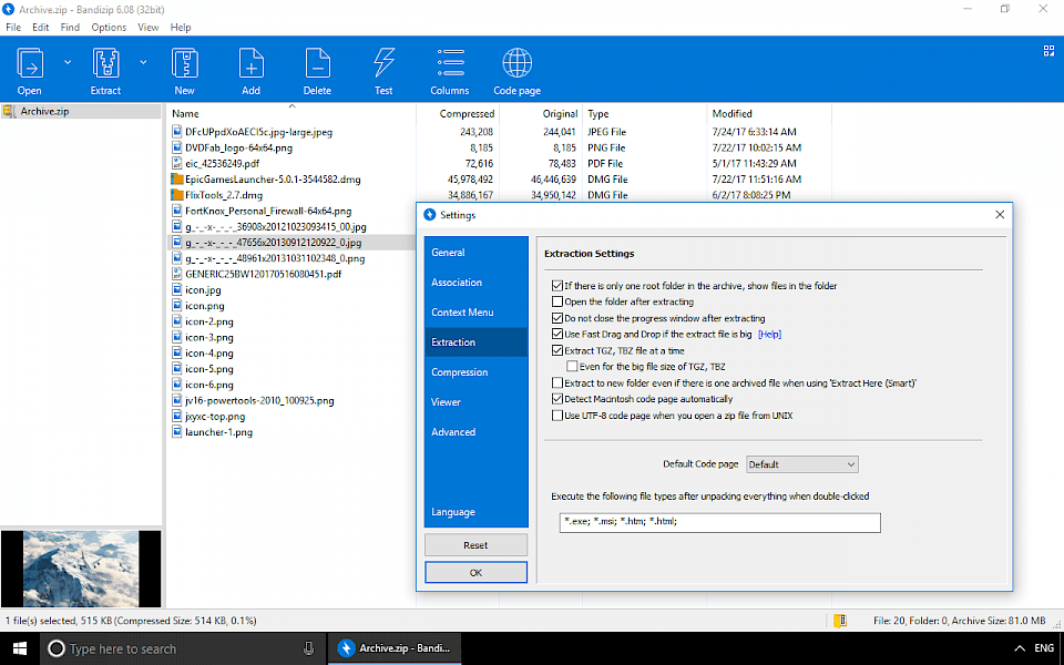 Screenshot of Bandizip software running on Windows 10.
