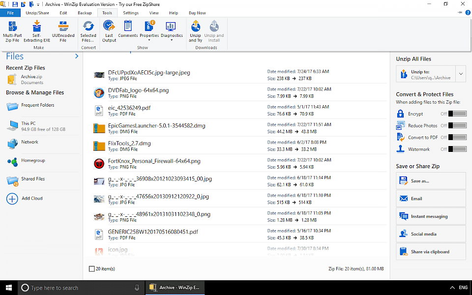 Screenshot of WinZIP software running on Windows 10.