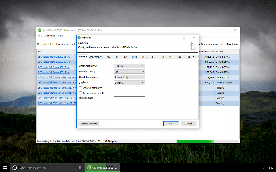 Screenshot of FileOptimizer software running on Windows 10.