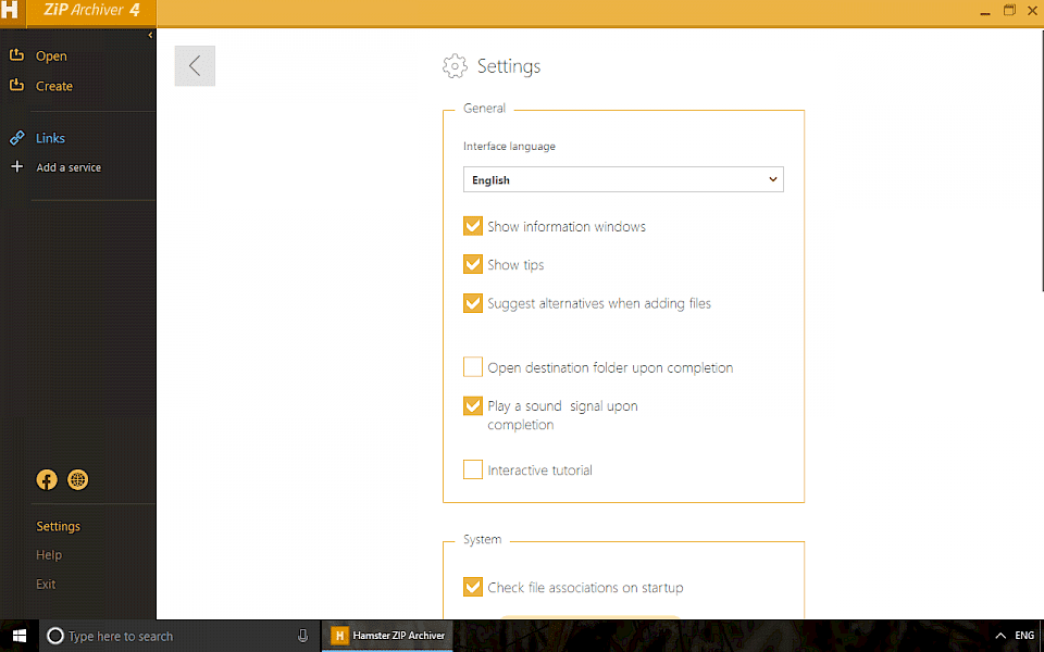 Screenshot of Hamster Free Zip Archiver software running on Windows 10.