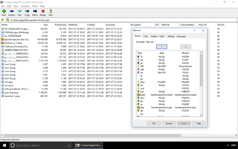 Screenshot of 7-zip software running on Windows 10.