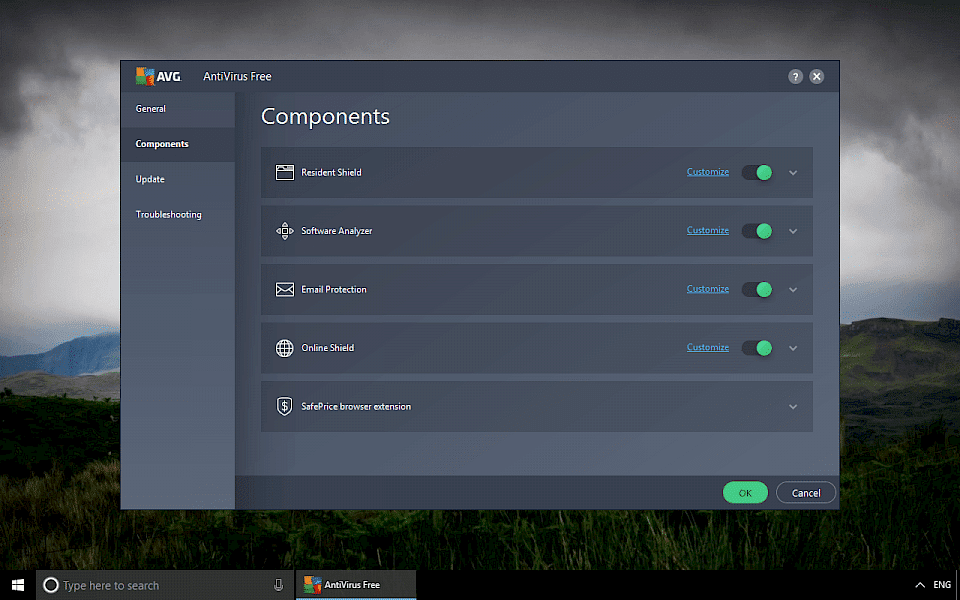 Screenshot of AVG AntiVirus Free software running on Windows 10.