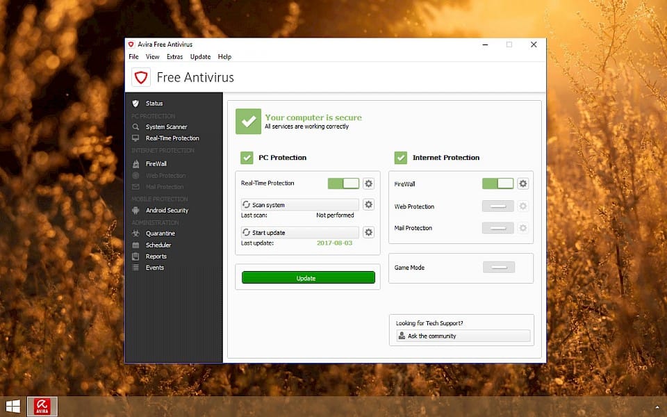 Screenshot of Avira Free Antivirus software running on Windows 10.